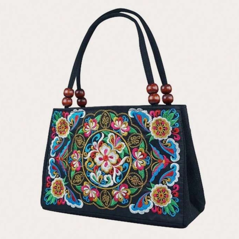 Yogodlns Stylish Floral Embroidered Handbag, Zipper Canvas Bag